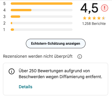 Google Maps mit ECHTSTERN-Warnung und Button zum Öffnen der Schätzung